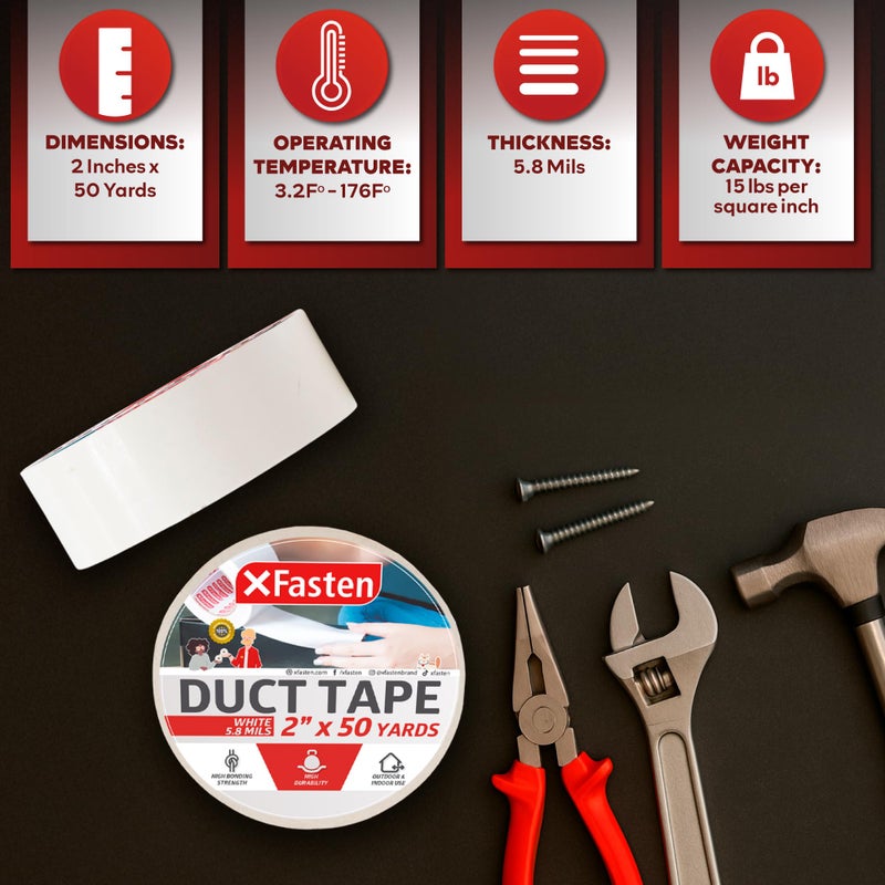 XFasten Duct Tape White, 2 Inches x 50 Yards, All-Weather Duct Repair Tape for Heavy-Duty Repair, Patching, Packing | High Tensile Strength & Shear Stress Resistance | Cold and Snow Resistant - Image 3